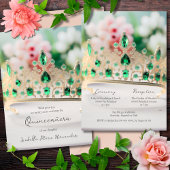 Invitation Élégant Vert Émeraude Et Golden Tiara Quinceañera