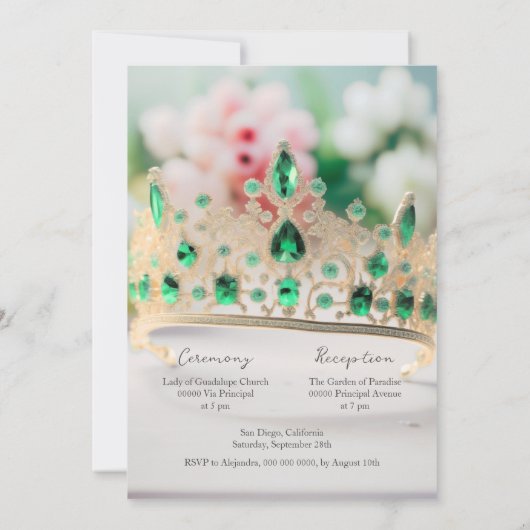 Invitation Élégant Vert Émeraude Et Golden Tiara Quinceañera (Dos)