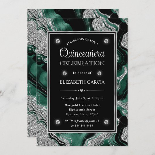 Invitation Elégant vert et argent Parties scintillant Agate Q (Devant / Derrière)