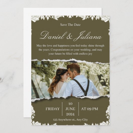 Invitation Elégant vert et blanc fleur frontière photo (Devant / Derrière)