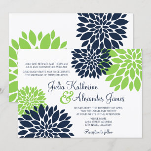 Invitation Élégant Vert et bleu marine Floral Burst Mariage