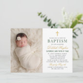 Invitation Élégant vert et or floral photo Baptême (Debout devant)