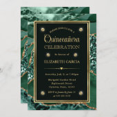 Invitation Elégant vert et or Parties scintillant Agate Quinc (Devant / Derrière)