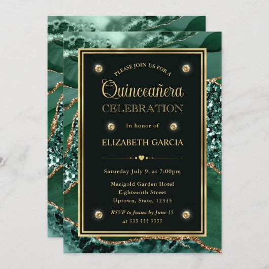 Invitation Elégant vert et or Parties scintillant Agate Quinc (Devant / Derrière)