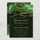 Invitation Elégant vert et or Parties scintillant Agate Quinc (Devant / Derrière)