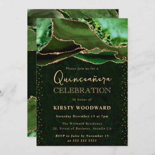 Invitation Elégant vert et or Parties scintillant Agate Quinc (Devant / Derrière)