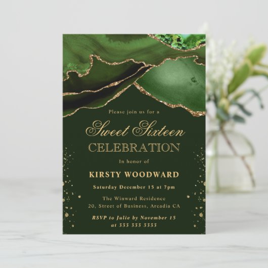 Invitation Élégant Vert et Or Parties scintillant Agate Sweet (Debout devant)