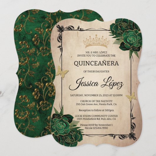 Invitation Elegant Vert et Or Quinceañera Rustique Anniversai (Devant / Derrière)