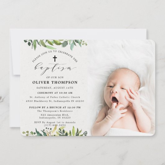 Invitation Élégant vert Eucalyptus Foliage Photo Baptême (Devant)