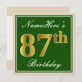 Invitation Élégant, Vert, Faux Gold 87e anniversaire + Nom (Devant / Derrière)