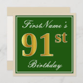 Invitation Elégant, Vert, Faux Gold 91ème Anniversaire + Nom (Devant / Derrière)