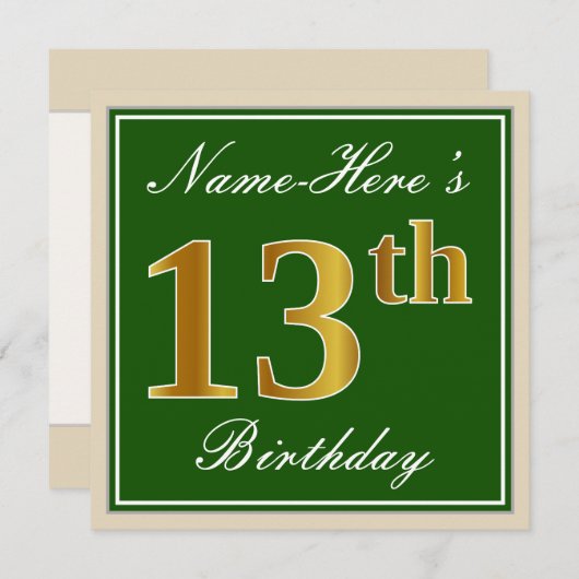 Invitation Elégant, Vert, Faux Or 13ème anniversaire + Nom (Devant / Derrière)