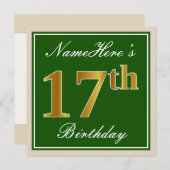 Invitation Elégant, Vert, Faux Or 17ème Anniversaire + Nom (Devant / Derrière)