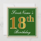 Invitation Elégant, Vert, Faux Or 18ème anniversaire + Nom (Devant)