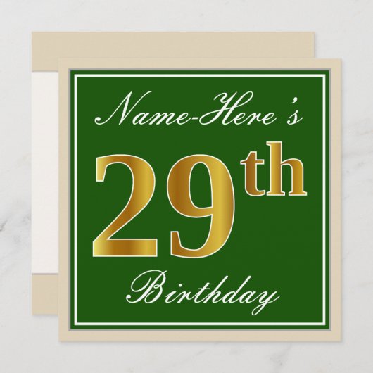 Invitation Elégant, Vert, Faux Or 29ème Anniversaire + Nom (Devant / Derrière)