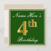 Invitation Elégant, Vert, Faux Or 4ème Anniversaire + Nom (Devant / Derrière)