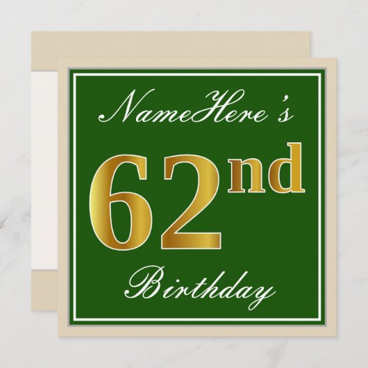 Invitation Élégant, Vert, Faux Or 62ème anniversaire + Nom (Devant / Derrière)