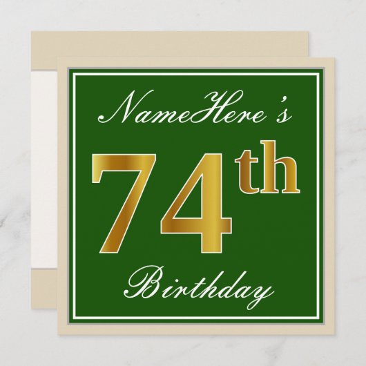 Invitation Elégant, Vert, Faux Or 74ème Anniversaire + Nom (Devant / Derrière)