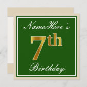Invitation Élégant, Vert, Faux Or 7ème anniversaire + Nom (Devant / Derrière)