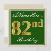 Invitation Elégant, Vert, Faux Or 82ème Anniversaire + Nom (Devant / Derrière)