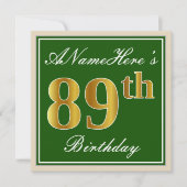 Invitation Elégant, Vert, Faux Or 89ème Anniversaire + Nom (Devant)