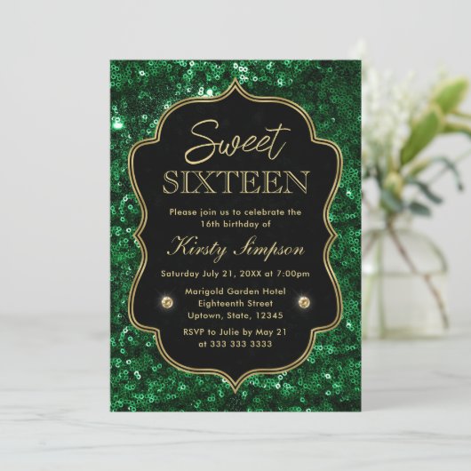 Invitation Elégant Vert Faux Parties scintillant & Gold Winte (Debout devant)
