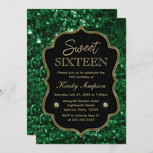 Invitation Elégant Vert Faux Parties scintillant & Gold Winte (Devant / Derrière)