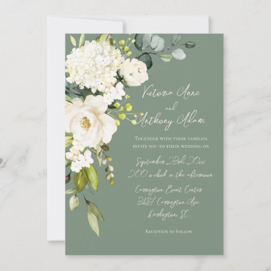 Invitation Elégant vert Floral Aquarelle Mariage Script (Devant)