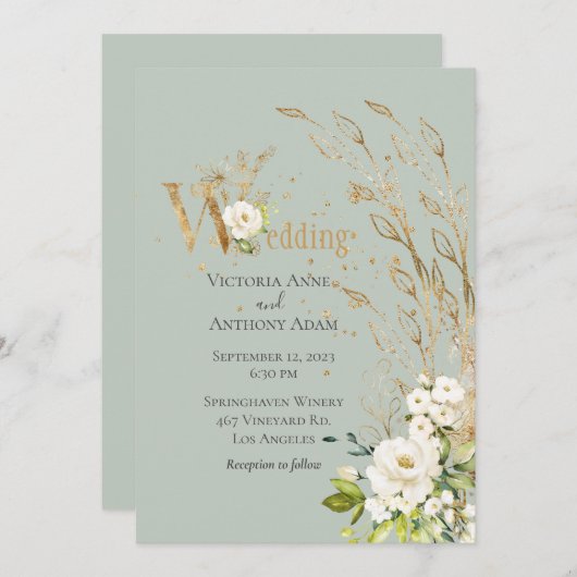 Invitation Élégant Vert Floral Rustique Script Mariage (Devant / Derrière)