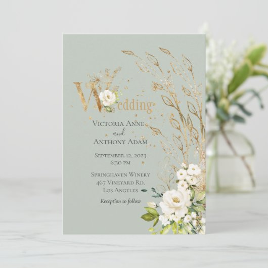 Invitation Élégant Vert Floral Rustique Script Mariage (Debout devant)