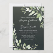 Invitation Élégant vert foncé Feuille Script Mariage (Devant)