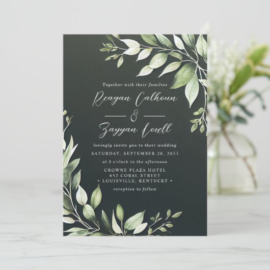 Invitation Élégant vert foncé Feuille Script Mariage (Debout devant)