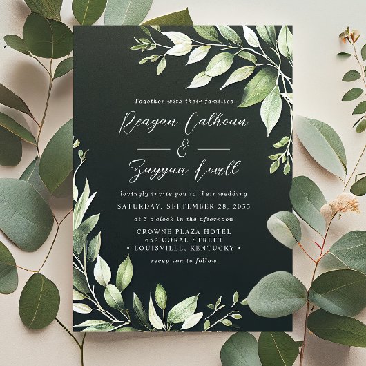 Invitation Élégant vert foncé Feuille Script Mariage