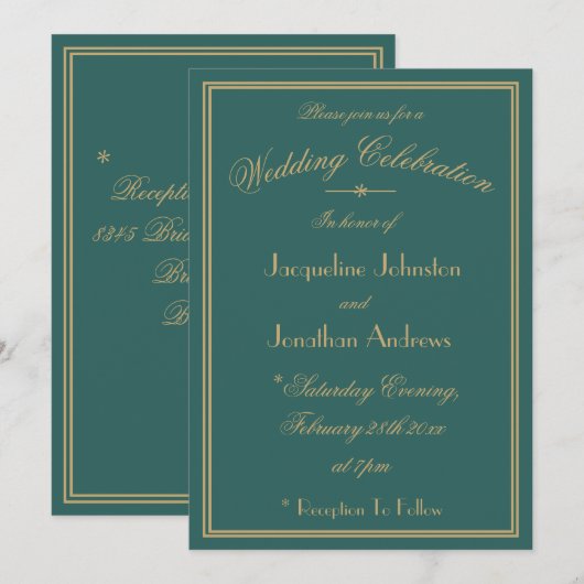 Invitation Élégant Vert Foncé Mariage Or Noms Date Script (Devant / Derrière)