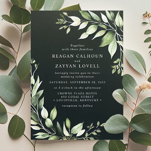Invitation Elégant Vert foncé Vert moderne Mariage Feuille