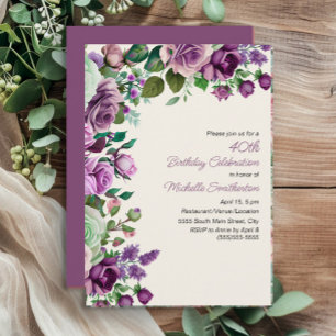 Invitation Élégant Vert Menthe Fleurs Violettes 40e Anniversa