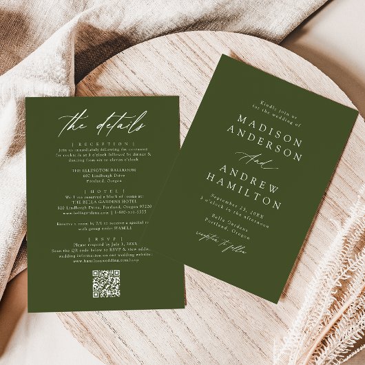Invitation Élégant Vert Olive Tout En Un Code QR Mariage