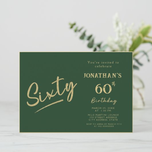 Invitation Élégant Vert Or Brossé Script 60e Anniversaire (Debout devant)