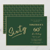 Invitation Élégant Vert Or Brossé Script 60e Anniversaire (Devant / Derrière)