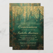 Invitation Élégant Vert Or Chaîne Lumière Quinceañera (Devant / Derrière)