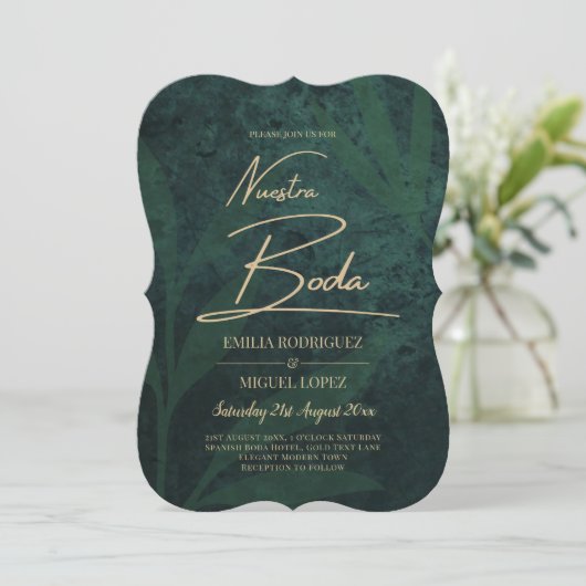 Invitation Elegant Vert Or Espagnol BODA QR Code RSVP (Debout devant)