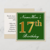 Invitation Élégant, Vert, Or Faux 17e Anniversaire + Nom (Devant / Derrière)