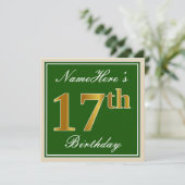 Invitation Élégant, Vert, Or Faux 17e Anniversaire + Nom (Debout devant)