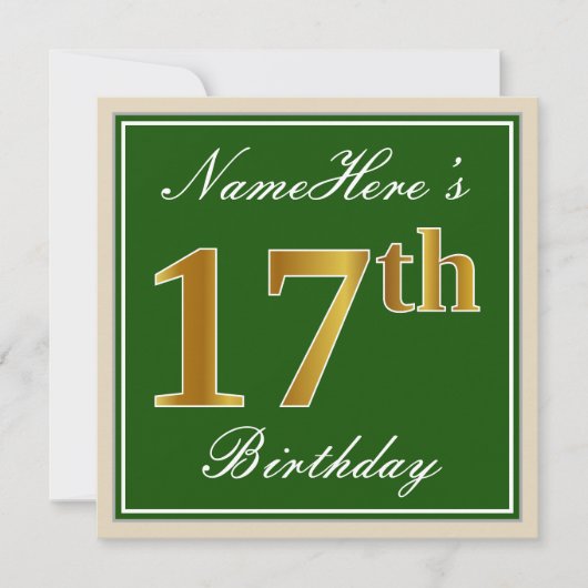 Invitation Élégant, Vert, Or Faux 17e Anniversaire + Nom (Devant)