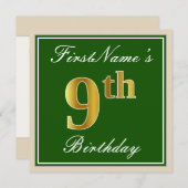 Invitation Élégant, Vert, Or Faux Anniversaire 9 ans + Nom (Devant / Derrière)
