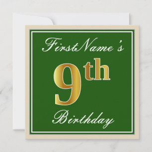 Invitation Élégant, Vert, Or Faux Anniversaire 9 ans + Nom
