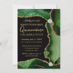 Invitation Élégant Vert Or Pailleté Agate Quinceañera