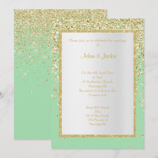 INVITATION ÉLÉGANT VERT OR SPARKLE MARIAGE PERSONNALISÉ (Devant / Derrière)
