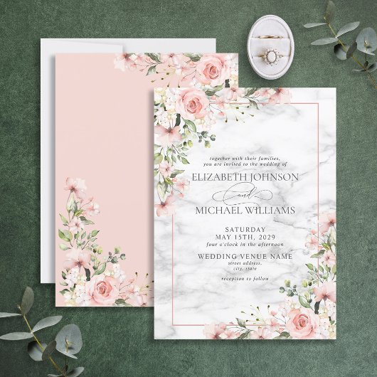 Invitation Élégant vert pâle Dusty rose Mariage floral