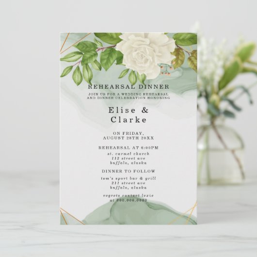 Invitation Élégant Vert Roses Blanches Dîner Rustique De Répé (Debout devant)